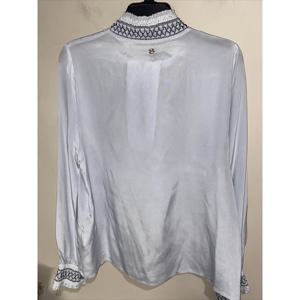 Marie Oliver Silk Blouse Blue Smocked Neck Wrists Long Sleeve Keyhole Sz XS - Picture 6 of 8